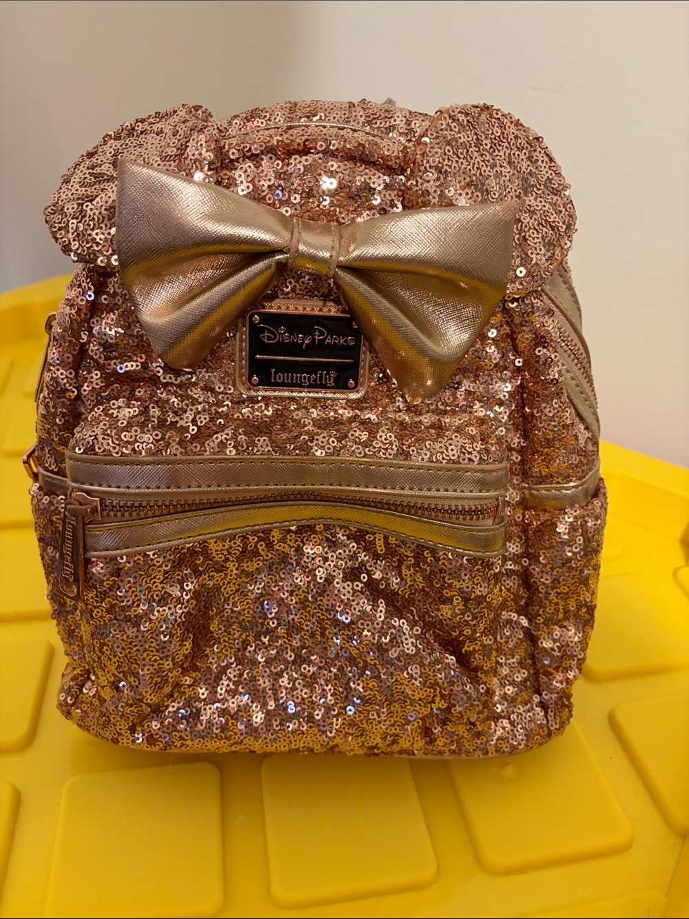 Loungefly Rose Gold Sequin Mini Backpack with Metallic Bow